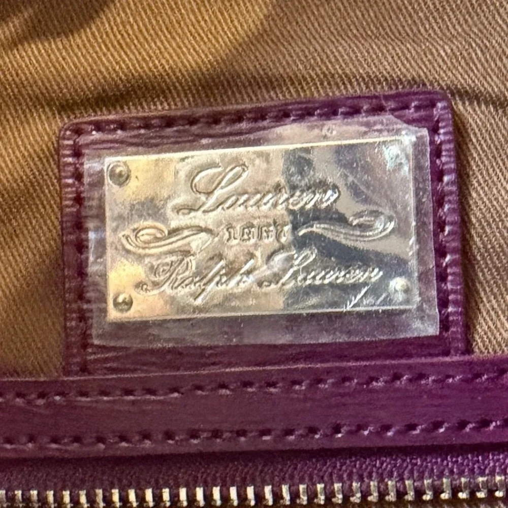 Ralph Lauren Purple Textured Leather Tote Bag Medium Logo Bag Charm Preppy